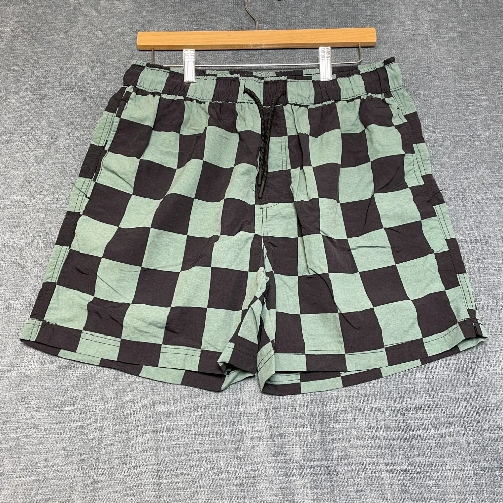 Forever 21 Board Shorts Mens Large Green Black Check Pockets Drawstring Waist